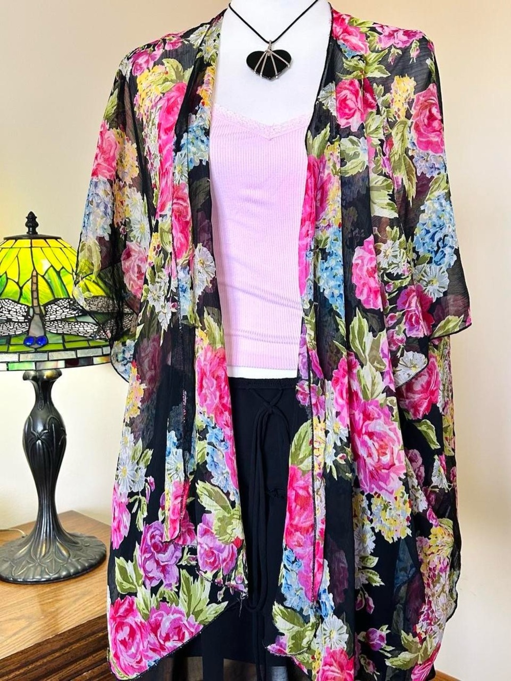 Floral Sheer Kimono Cover-Up - Black Background with Pink & Blue Blooms